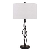 Benjara Round Fabric Shade Table Lamp With Metal Spiral Design Base,White And Black