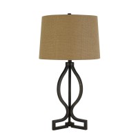 Benjara Bm224683 150 Watt Fabric Shade Table Lamp With Scrolled Metal Base, Beige And Bronze