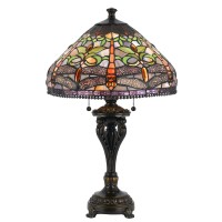 Benjara Tiffany Table Lamp With Metal Body And Dragonfly Design Shade, Multicolor