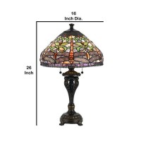 Benjara Tiffany Table Lamp With Metal Body And Dragonfly Design Shade, Multicolor