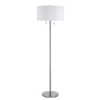 Benjara Metal Body Floor Lamp With Fabric Drum Shade And Pull Chain Switch, Silver