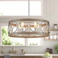 Xingqi Rustic Chandelier Brushed Nickel Drum Chandeliers For Dining Room Modern Light Fixture Over Table Farmhouse Metal Wood G