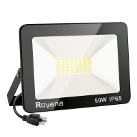 Royana 50W Led Flood Light Outdoor With Plug, 6000K 5000Lm Super Bright Security Light, Ip65 Waterproof Led Work Lights, Portable Daylight White Floodlight Spotlight For Yard Garden Court Lawn