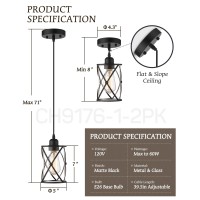 Osimir Industrial Pendant Light, 2 Pack Mini Glass Pendant Light For Kitchen, Cage Pendant Lighting In Black Finish With Clear Glass, Adjustable Length, Ch9176-1-2Pk