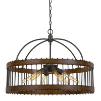 Metal And Wooden Frame Pendant Fixture With Cage Design, Black And Brown