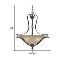 Benjara 3 Bulb Bowl Style Glass Pendant Fixture With Metal Frame, Gray And Bronze