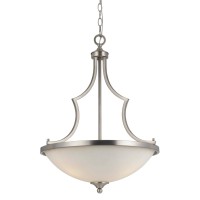 Benjara 3 Bulb Bowl Style Glass Pendant Fixture With Metal Frame, Silver And White