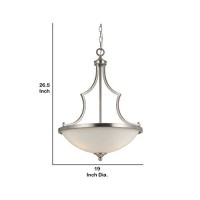 Benjara 3 Bulb Bowl Style Glass Pendant Fixture With Metal Frame, Silver And White