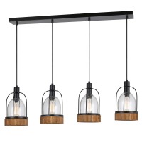 Benjara Metal Pendant Fixture With 4 Lantern Design Glass Shade, Black And Clear