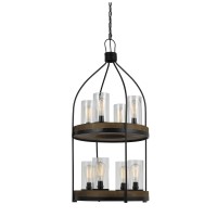 Benjara Bm225621 Two Tier Pendant Fixture With Round Wooden And Metal Frame, Brown And Black