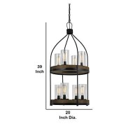 Benjara Bm225621 Two Tier Pendant Fixture With Round Wooden And Metal Frame, Brown And Black