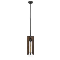 Benjara 60 Watt Metal Frame Pendant Fixture With Wood And Glass Shade, Brown