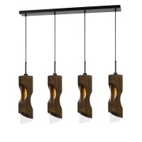 Benjara 4 Light Metal Frame Pendant Fixture With Wooden And Glass Shades, Brown