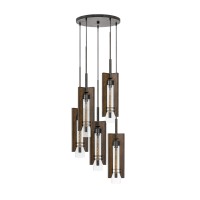 Magnify the elegance and beauty of your home with the inclusion of this eye catching pendant fixture It features a metal constructed frame in a wind chime design incorporating wooden shades with glass encasing It is provided with a canopy and 6 feet long 