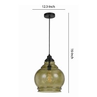 Benjara 60 Watt Metal Frame Pendant With Rippled Glass Shade, Beige And Black