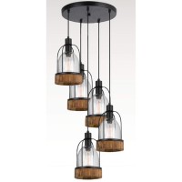 Benjara 5 Bulb Wind Chime Design Pendant Fixture With Wooden And Glass Shade, Black