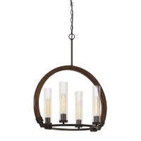 Benjara 60 X 4 Watt Wood And Metal Chandelier With Glass Shade, Brown And Bronze