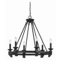 Benjara 6 Bulb Metal Frame Wagon Wheel Candle Chandelier With Wooden Accents, Black