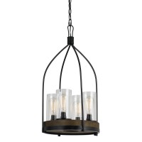 Benjara 60 X 4 Watt Wood And Metal Chandelier With Glass Shades, Brown And Black