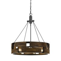 Benjara 6 Bulb Round Wooden Frame Chandelier With Geometric Cut Our Design, Brown