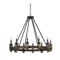 12 Bulb Round Metal Chandelier With Candle Lights And Wooden Accents