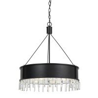 Benjara 4 Bulb Round Metal Body Chandelier With Hanging Crystal Accents, Black