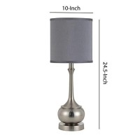 Benjara Elongated Bellied Shape Metal Accent Lamp With Drum Shade, Silver