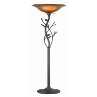 Benjara 3 Way Glass Shade Torchiere Lamp With Pine And Twig Accents, Bronze