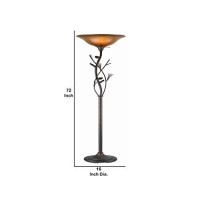 Benjara 3 Way Glass Shade Torchiere Lamp With Pine And Twig Accents, Bronze