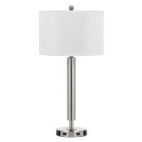 Benjara 100 Watt Metal Frame Night Stand Lamp With Fabric Shade, White And Silver