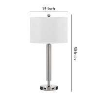 Benjara 100 Watt Metal Frame Night Stand Lamp With Fabric Shade, White And Silver