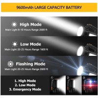 Super Bright Led Handheld Spotlight Flashlight Rechargeable 9600Mah 6000 Lumens Long Lasting Spot Light Waterproof Tactical Torch, 6 Light Modes Side Floodlight, Usb Output Powerbank