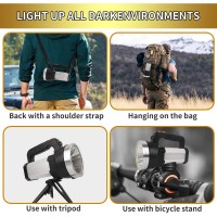 Super Bright Led Handheld Spotlight Flashlight Rechargeable 9600Mah 6000 Lumens Long Lasting Spot Light Waterproof Tactical Torch, 6 Light Modes Side Floodlight, Usb Output Powerbank