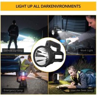 Super Bright Led Handheld Spotlight Flashlight Rechargeable 9600Mah 6000 Lumens Long Lasting Spot Light Waterproof Tactical Torch, 6 Light Modes Side Floodlight, Usb Output Powerbank