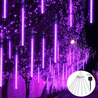 Jmexsuss Purple Solar Christmas Lights Outdoor Waterproof, 8 Tube 144 Leds Solar Meteor Shower Rain Lights, Solar Lights For Christmas Tree Halloween Patio Bush Holiday Party Decoration