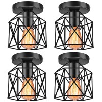 Industrial Ceiling Light Fixture 4 Pack, E26 Vintage Metal Semi Flush Mount Ceiling Light Fixtures, Rustic Cage Light Fixture For Hallway Stairway Kitchen Farmhouse, Black