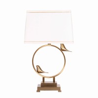 Benjara Rectangular Shade Table Lamp With Circular And Birds Metal Base, Gold