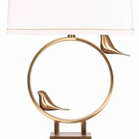 Benjara Rectangular Shade Table Lamp With Circular And Birds Metal Base, Gold