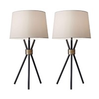 Benjara Metal Table Lamp With Tripod Base, Set Of 2, Whiteblack