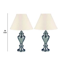 Benjara Metal And Fabric Table Lamp, Set Of 2, Silver And Beige