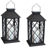 Sunnydaze Concord 11-Inch Solar Led Decorative Candle Lantern - Tabletop/Hanging Light - Set Of 2 - Black