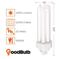 Goodbulb 32 Watt Cfl Light Bulbs | 4 Pin Gx24Q-3 Base 5000K Daylight | 32W High Output 2400 Lumens | Triple Tube Compact Fluorescent Light Bulbs Plug-In | 10 Pack