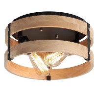 Modern Farmhouse Flush Mount Light Fixture Twolight Metal And Wood Round Drum Rustic Flush Mount Ceiling Light For Hallway Bedr