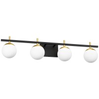 Ralbay Mid Century Modern Vanity Light Fixture 4-Light Milky Glass Modern Bathroom Vanity Lights Over Mirror, Black/Golden Modern Vanity Light For Bathroom (Exclude Bulb)