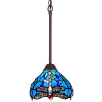 Capulina Tiffany Mini Pendant Light 8 Inches Wide Blue Dragonfly Style Stained Glass Hanging Lamp For Kitchen Island Dining Room Hallway