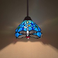 Capulina Tiffany Mini Pendant Light 8 Inches Wide Blue Dragonfly Style Stained Glass Hanging Lamp For Kitchen Island Dining Room Hallway