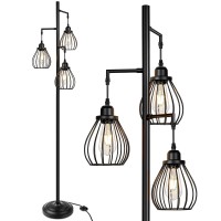 Lakumu Industrial Tree Floor Lamp For Living Room, With 3 Elegant Teardrop Cage Heads & St58 Edison Led Bulbs, Sturdy Base Tall Vintage Pole Light Great For Farmhouse Rustic Bedroom Office