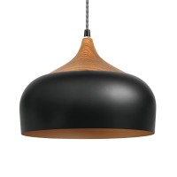 Tomons Pendant Light Modern Lantern Lighting With Led Bulb, Wood Pattern Dome Minimalist Industrial Ceiling Hanging Lamp For Kitchen Island, Barn, Dining Room, Living Room, Bedroom - Black