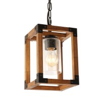 Giluta Square Wood Pendant Lighting, Adjustable Height Hanging 1-Light Fixture Kitchen Dining Room Chandelier Rustic Farmhouse Style With Seeded Glass Shade