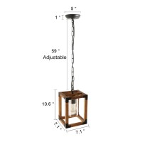 Giluta Square Wood Pendant Lighting, Adjustable Height Hanging 1-Light Fixture Kitchen Dining Room Chandelier Rustic Farmhouse Style With Seeded Glass Shade